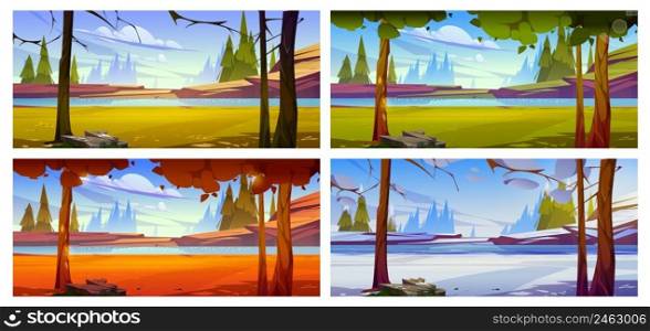 Cartoon nature landscape trees, rocks and river or lake at spring, summer, autumn and winter time. Scenery background at year seasons with pond and spruces natural scenes, Vector illustration, set. Cartoon nature landscape trees, rocks and river