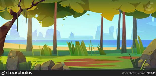 Cartoon nature landscape with forest and sea. Scenery summer background with ocean view through deciduous trees, rocks, grass and sunlight falling on on ground, wood natural scene, Vector illustration. Cartoon nature landscape with forest and sea view