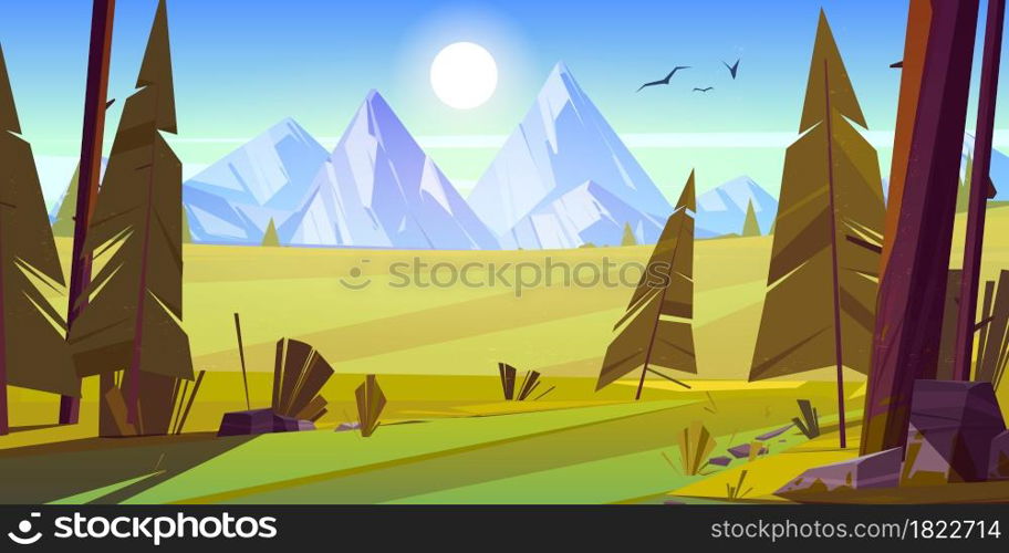 Cartoon nature landscape with mountain, green field and conifers trees, rocks and forest under blue sky with bright shining sun, scenery view background, summer or spring wood, vector illustration. Cartoon nature landscape with mountain and field