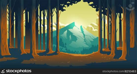 Cartoon nature landscape with mountain in forest deciduous trees trunks clearance. High rock and fluffy clouds, evening sunlight, scenery view background, summer or spring wood vector illustration. Cartoon nature landscape with mountain and forest