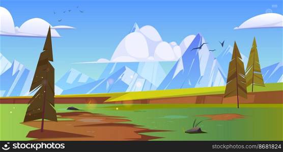 Cartoon nature landscape with mountain peaks, cliff, green field and conifers trees. Rocks and spruces under blue sky with fluffy clouds and flying birds, scenery wood background, vector illustration. Cartoon nature landscape with mountain peaks.