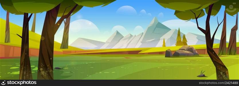 Cartoon nature landscape with mountains, green field, rocks and trees. Summer forest under blue sky with clouds, scenery view tranquil 2d game background, beautiful woodland, Vector illustration. Cartoon summer nature landscape with mountains