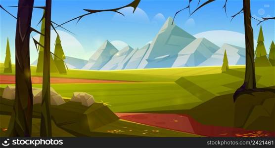 Cartoon nature landscape with mountains, green field, rural road, rocks and conifers trees. Summer forest under blue sky, scenery view tranquil game background, beautiful woodland Vector illustration. Cartoon nature landscape with mountains and field