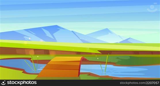 Cartoon nature landscape wooden bridge over the river or creek, green field with grass and rocks under blue clear sky. Picturesque scenery background, natural tranquil scene, Vector illustration. Cartoon nature landscape wooden bridge over river