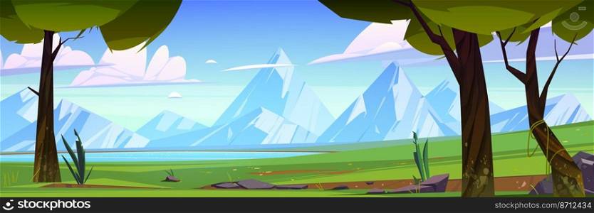 Cartoon nature mountain landscape, rural scene with clear pond, green field with grass and rocks under blue sky with fluffy clouds, scenery summer background, natural parkland view Vector illustration. Cartoon nature mountain landscape, rural scene