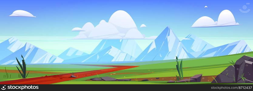 Cartoon nature mountain landscape with rural dirt road going along green field with grass and rocks. Path under blue sky with fluffy clouds, scenery summer background, day view, Vector illustration. Cartoon nature mountain landscape with rural road