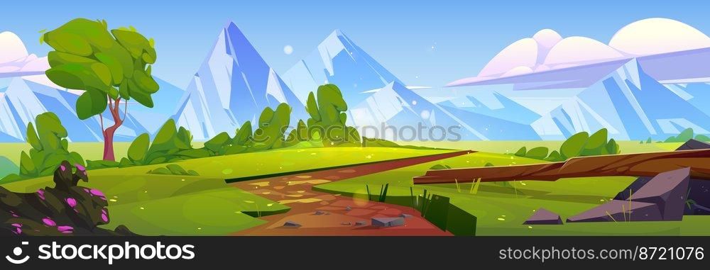 Cartoon nature mountain landscape with rural dirt road going along green field with grass and rocks under blue sky with fluffy clouds, scenery summer background, day time scene, Vector illustration. Cartoon nature mountain landscape with rural road