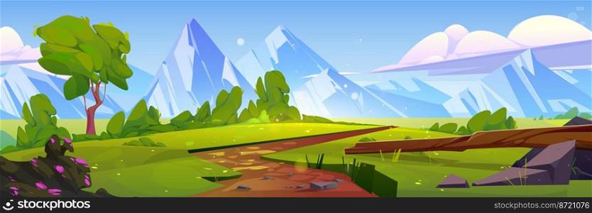 Cartoon nature mountain landscape with rural dirt road going along green field with grass and rocks under blue sky with fluffy clouds, scenery summer background, day time scene, Vector illustration. Cartoon nature mountain landscape with rural road