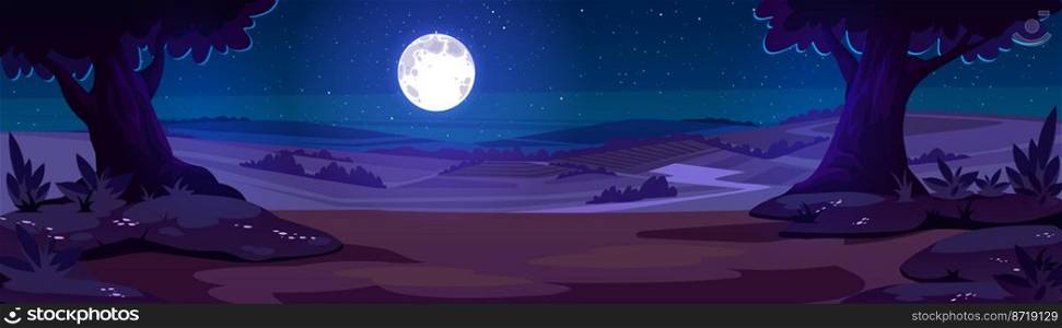 Cartoon nature night time landscape with forest trees, rocks and field under full moon shining in starry sky. Mysterious scenery background with dark rural meadow at twilight, Vector illustration. Cartoon nature night time landscape background
