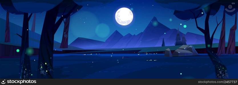 Cartoon nature night time landscape with rocks, trees, pond and field under full moon shining in starry sky. Mysterious scenery background with glowworms on dark meadow at twilight Vector illustration. Cartoon nature night time landscape background