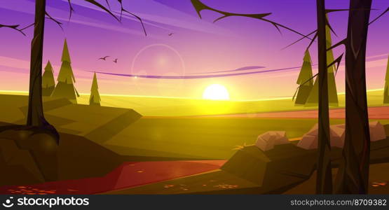 Cartoon nature sunset landscape green field, conifers trees and rocks under purple sky. Scenery view, game background, summer or spring meadow or pasture with plants and stones, Vector illustration. Cartoon nature landscape green field, sunset sky