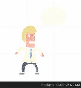 cartoon nervous businessman with thought bubble