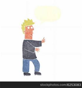cartoon nervous man waving with speech bubble