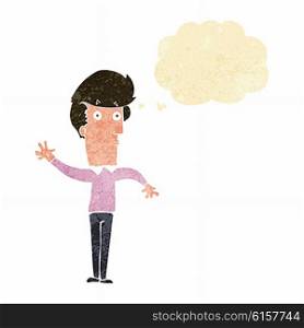 cartoon nervous man waving with thought bubble