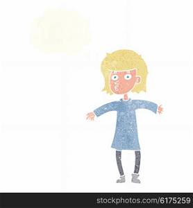 cartoon nervous woman with thought bubble