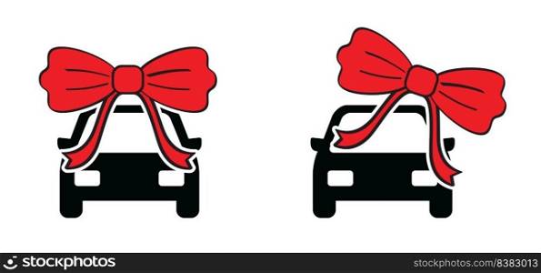 Cartoon new car with bow and knot icon or pictogram. Concept buying or renting a new or used auto. Vector car as a gift with ribbon. Cars delivery logo or symbol. Sale concept. Deal and ribbons