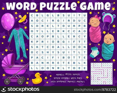Cartoon newborns and kids toys word search puzzle game worksheet, kids quiz grid. Vector wordsearch sheet for children recreation and education. Brainteaser with baby stroller, clothes and little kids. Cartoon newborns and kids toys word search puzzle