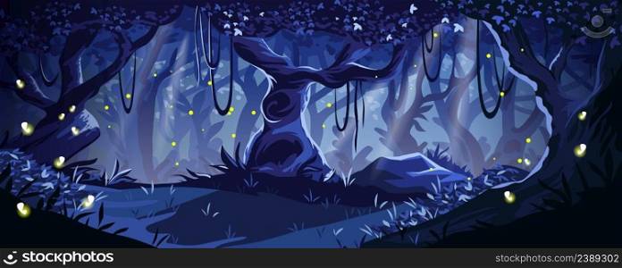 Cartoon night forest. Magic mystic wood with flying fireflies. Dark tree trunks and plant foliage. Nighttime scenic landscape. Woodland panorama. Wild nature scenery. Vector fairy tale illustration. Cartoon night forest. Magic mystic wood with flying fireflies. Dark tree trunks and foliage. Nighttime landscape. Woodland panorama. Wild nature scenery. Vector fairy tale illustration