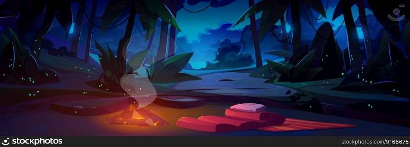 Cartoon night glade with campfire. Vector illustration of dark tropical forest with lianas on trees above lake, fireflies shimmering in darkness, fire burning and smoldering, sleeping bag on ground. Cartoon night glade with campfire