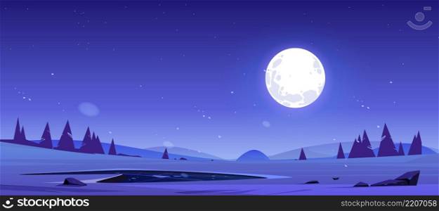 Cartoon night nature landscape full moon shining in sky with stars above field with pond, conifer trees and rocks. Dark heaven with moonlight romantic fantasy background, midnight twilight vector view. Cartoon night nature landscape full moon shining