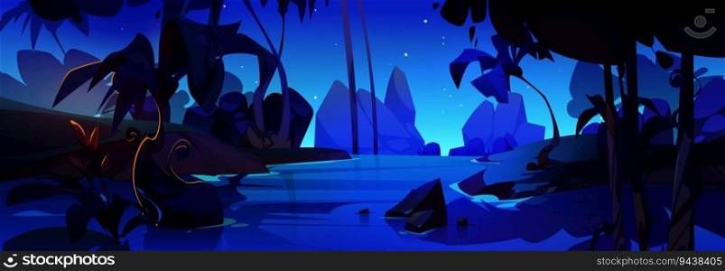 Cartoon night river in jung≤forest vector background sce≠. Tree and water troπcal game illustration. Nature fairyta≤wallpaper with beautiful fantasy amazon wild sce≠ry and light ref≤ction.. Cartoon night river in forest vector background