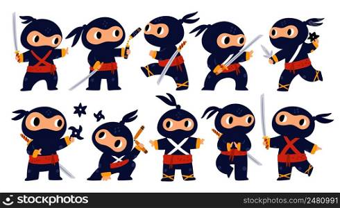 Cartoon ninja. Little funny Japanese warrior with different weapon types. Guy in black cloth and red bandage. Cute character fights with katana sword or shurikens. Vector Asian assassins poses set. Cartoon ninja. Little funny Japanese warrior with different weapon types. Guy in black cloth and red bandage. Cute character fights with katana or shurikens. Vector Asian assassins set