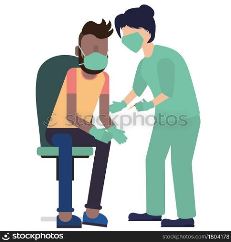 Cartoon nurse and man wearing a face mask getting vaccination shot injection.