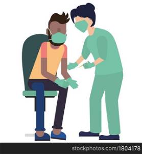 Cartoon nurse and man wearing a face mask getting vaccination shot injection.