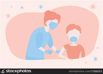 Cartoon nurse and woman wearing a face mask getting vaccination shot injection.