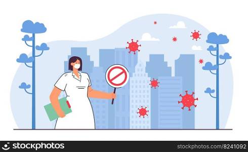 Cartoon nurse in mask holding stop sign. Coronavirus floating in air in big city flat vector illustration. Pandemic, prevention, health, medicine concept for banner, website design or landing web page