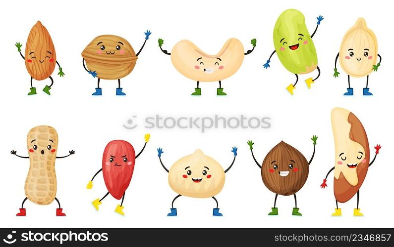 Cartoon nut and seed characters with cute smiling faces. Almond, coconut, walnut, peanut character, funny nuts and seeds mascot vector set. Cheerful food faces of different shape with arms and legs. Cartoon nut and seed characters with cute smiling faces. Almond, coconut, walnut, peanut character, funny nuts and seeds mascot vector set