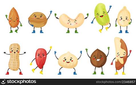 Cartoon nut and seed characters with cute smiling faces. Almond, coconut, walnut, peanut character, funny nuts and seeds mascot vector set. Cheerful food faces of different shape with arms and legs. Cartoon nut and seed characters with cute smiling faces. Almond, coconut, walnut, peanut character, funny nuts and seeds mascot vector set