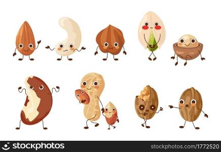 Cartoon nut characters. Cute food mascots. Funny walnut and pistachio. Isolated macadamia or peanut. Hazelnuts set with various expressions and poses. Dieting vegan snacks. Vector healthy nutrition. Cartoon nut characters. Cute food mascots. Funny walnut and pistachio. Macadamia or peanut. Hazelnuts set with various expressions and poses. Dieting snacks. Vector healthy nutrition
