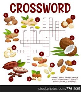 Cartoon nuts and beans crossword worksheet, find a word quiz game. Vector search puzzle with macadamia, pistachio, coconut and almond, pecan, hazelnut, cocoa or peanut, nutmeg, pumpkin seed or cashew. Cartoon nuts and beans crossword worksheet game