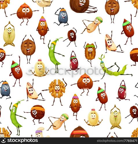 Cartoon nuts and beans seamless pattern, vector background with funny characters on fitness. Cute nuts pattern with walnut or hazelnut and almond on yoga, sunflower seed and peanut on pilates training. Cartoon nuts and beans in sport, seamless pattern