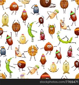 Cartoon nuts and beans seamless pattern, vector background with funny characters on fitness. Cute nuts pattern with walnut or hazelnut and almond on yoga, sunflower seed and peanut on pilates training. Cartoon nuts and beans in sport, seamless pattern