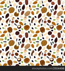 Cartoon nuts seamless pattern. Vegan superfood. Peeled or unpeeled walnuts. Pistachios, hazelnuts and almonds. Healthy nutrition products. Natural food. Pumpkin or sunflower seeds. Vector background. Cartoon nuts seamless pattern. Vegan superfood. Peeled or unpeeled walnuts. Pistachios and hazelnuts. Healthy nutrition. Food products. Pumpkin or sunflower seeds. Vector background