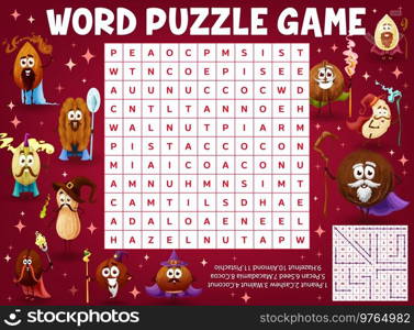 Cartoon nuts wizard and magician characters, word search puzzle quiz game worksheet. Vector seeds peanut, cashew, walnut and coconut, pecan, macadamia, cocoa and hazelnut, almond or pistachio. Word search puzzle quiz game with nuts