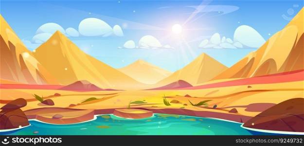 Cartoon oasis in Sahara desert with hot sand dune vector landscape background. Dubai mirage in arabian sand scene illustration. Dry Morocco land with rock nature near pond water panorama wallpaper. Cartoon oasis in Sahara desert with palm landscape