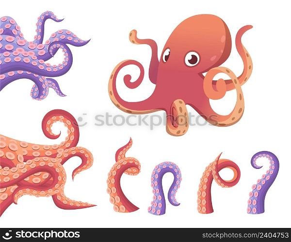 Cartoon octopus tentacles. Cute isolated octopus characters, colorful tentacle. Underwater wildlife vector design elements. Illustration of character octopus underwater. Cartoon octopus tentacles. Cute isolated octopus characters, colorful tentacle. Underwater wildlife vector design elements