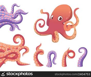 Cartoon octopus tentacles. Cute isolated octopus characters, colorful tentacle. Underwater wildlife vector design elements. Illustration of character octopus underwater. Cartoon octopus tentacles. Cute isolated octopus characters, colorful tentacle. Underwater wildlife vector design elements