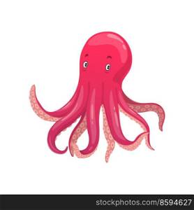 Cartoon octopus underwater animal, isolated vector sea and ocean creature, childish character with pink skin and long tentacles. Water kraken, cephalopoda character with eyes and feelers. Cartoon octopus underwater animal, cephalopoda