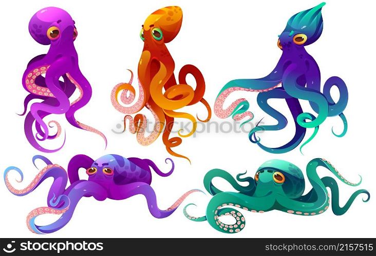 Cartoon octopuses sea animals, underwater ocean creatures with colorful skin and long tentacles. Water kraken, cephalopoda characters with big eyes and feelers in different poses, isolated vector set. Cartoon octopuses sea animals underwater creatures