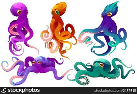 Cartoon octopuses sea animals, underwater ocean creatures with colorful skin and long tentacles. Water kraken, cephalopoda characters with big eyes and feelers in different poses, isolated vector set. Cartoon octopuses sea animals underwater creatures
