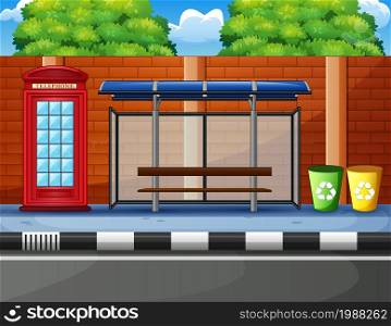 cartoon of a bus stop, telephone box and trash can in the edge highway