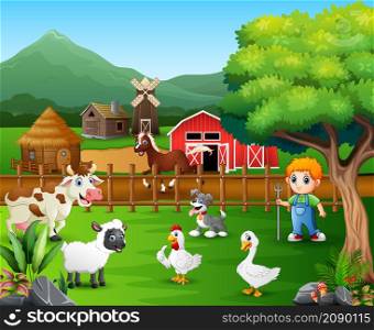 Cartoon of a farmer at his farm with a bunch of farm animals