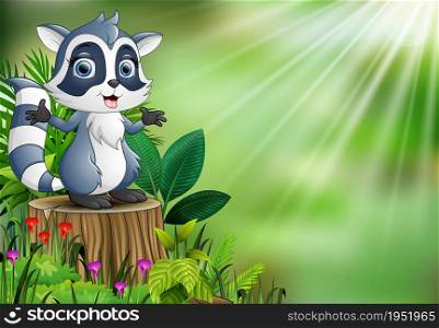 Cartoon of a raccoon standing on tree stump with green leaves and flowering plant