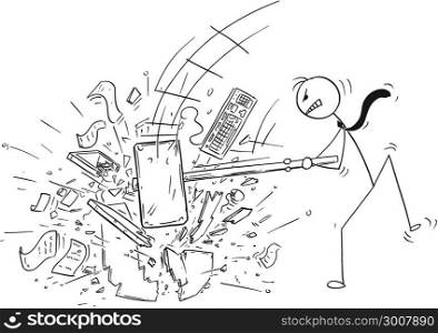 Cartoon of Angry Businessman Destroying Office Computer by Large Sledgehammer or Hammer. Cartoon stick man drawing conceptual illustration of angry businessman destroying his office computer by large sledgehammer or hammer.