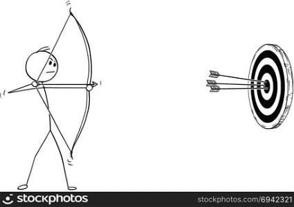 Cartoon of Archer with Bow and Arrow Shooting at Target. Cartoon stick man drawing illustration of sport archer in shooting pose with bow and arrow shooting successfully at target.