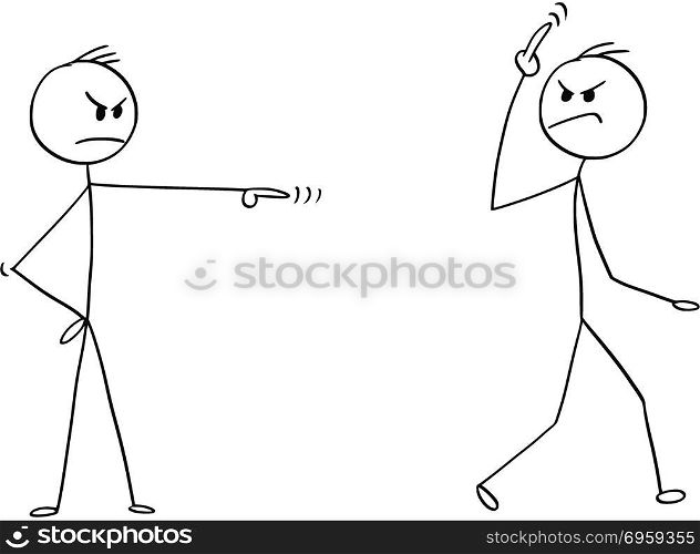 Cartoon of Arrogant Man, Worker or Businessman Fired, Sacked or Dismissed From Work and Showing Fuck You Gesture Sign.. Cartoon stick man drawing conceptual illustration of arrogant businessman fired, sacked or dismissed from work by manager or boss showing bad fuck you off middle finger gesture sign.